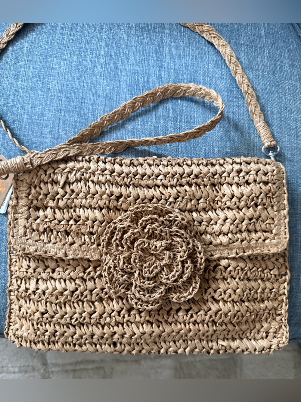 Raffia CLUTCH Bag with woven raffia Flower Accent - NWT